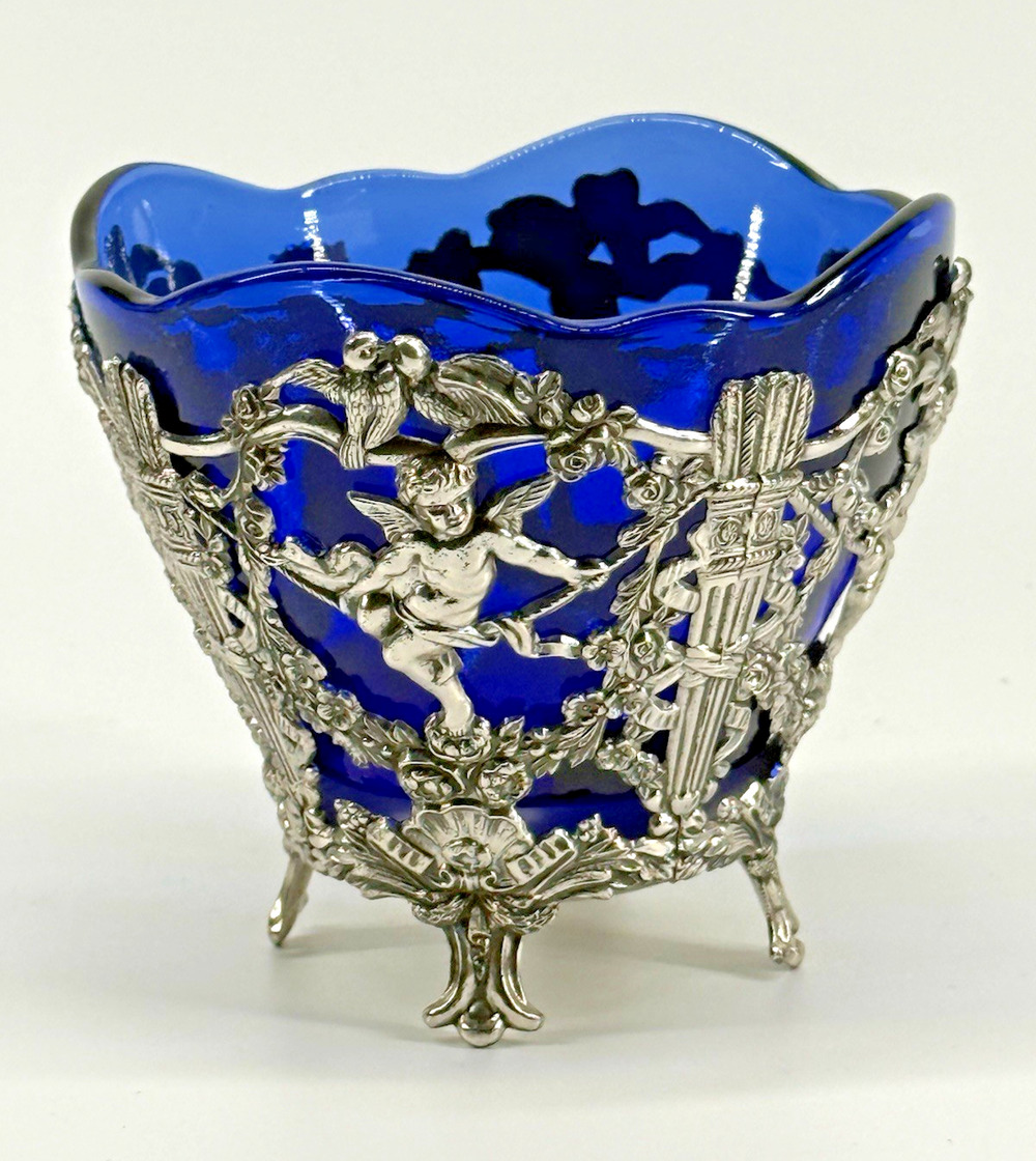 Cobalt Blue Glass Bowl Ornate Silver Tone Cherub Footed Holder Scalloped Rim